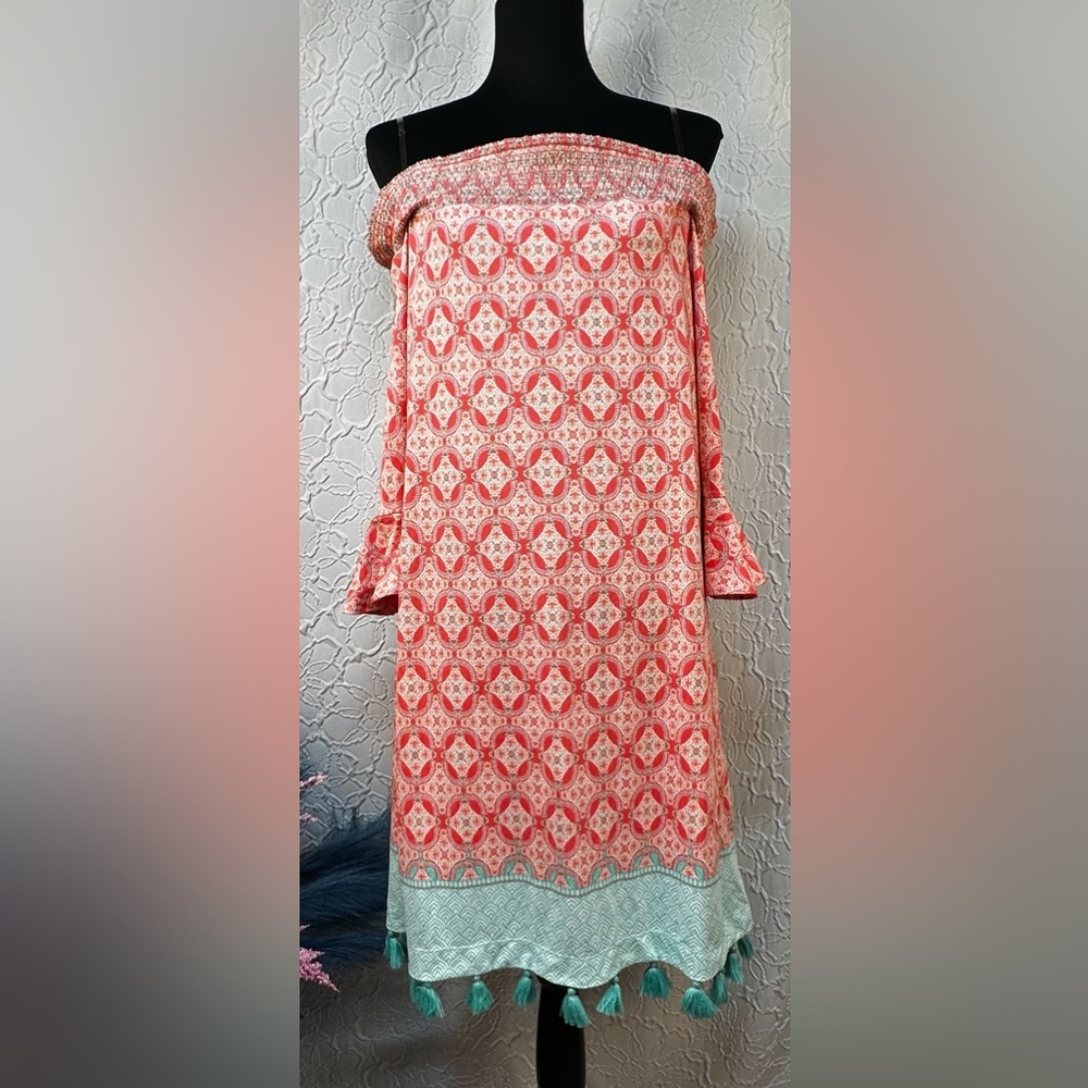 Cabana Life-Off-Shoulder Red& Teal Dress (L)‼️NWOT‼️